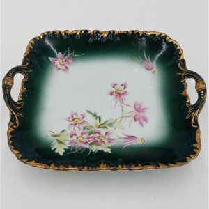 Antique Wheelock Germany Square Platter Bowl Dish With Handles Floral Green Pink